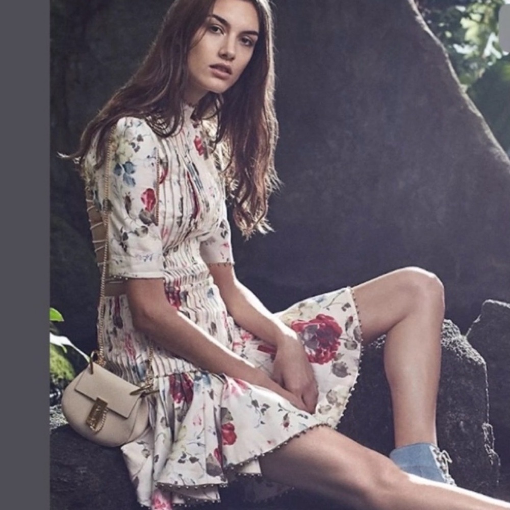 Zimmermann Mischief Cream Floral Pintuck Mini Dress w/Pink Roses Corset Back - Picture 7 of 12